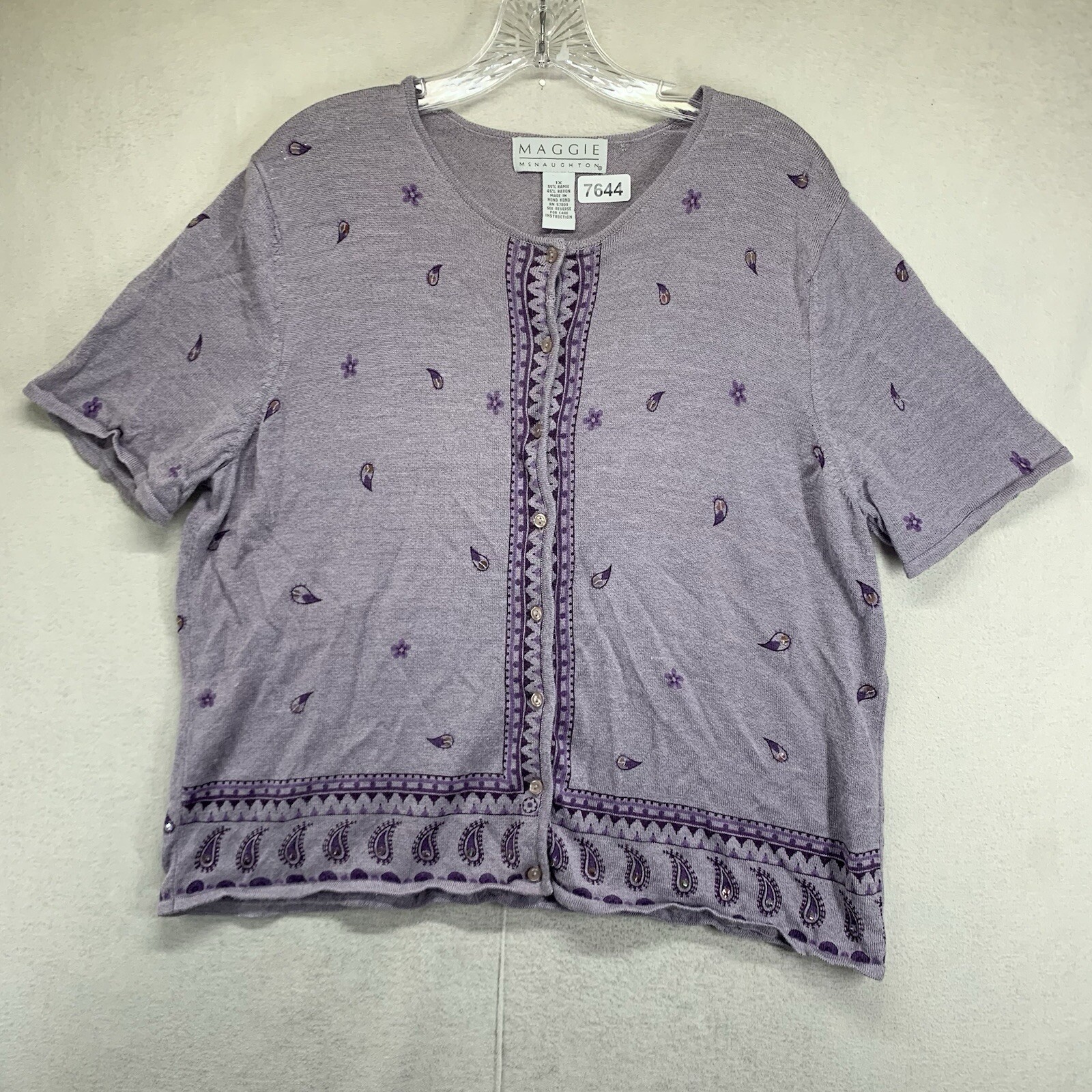 Women’s Knit Top 1X Light Purple Embellished Paisleys Button Up 42×24 Boxy Fit