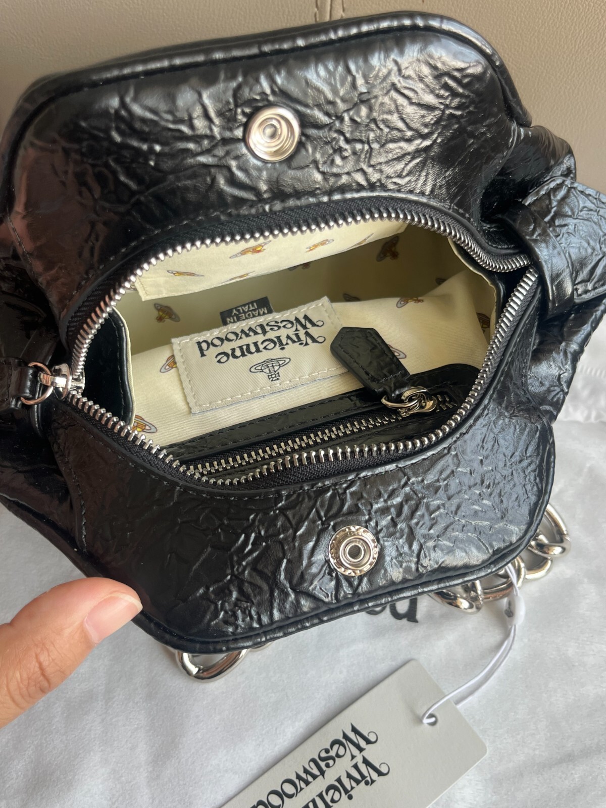 Vivienne Westwood Big Orb 2Chain Strap Black Leather Shoulder Bag