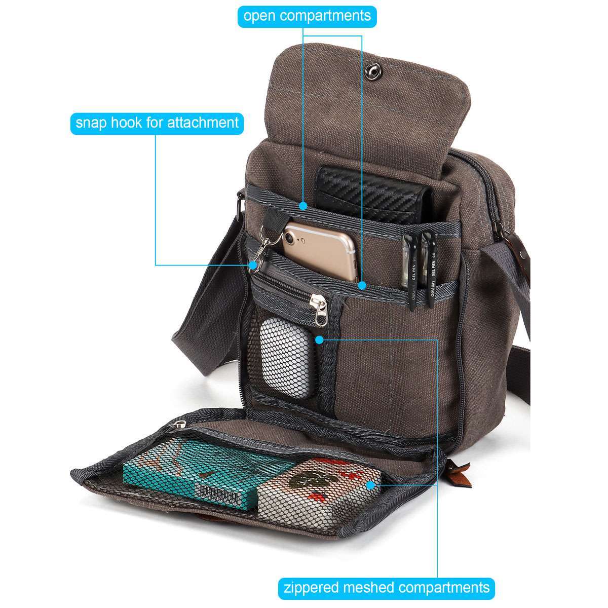 Men’s Canvas Crossbody Bag Phone Tablet Messenger Shoulder Bag Casual Tote Pouch