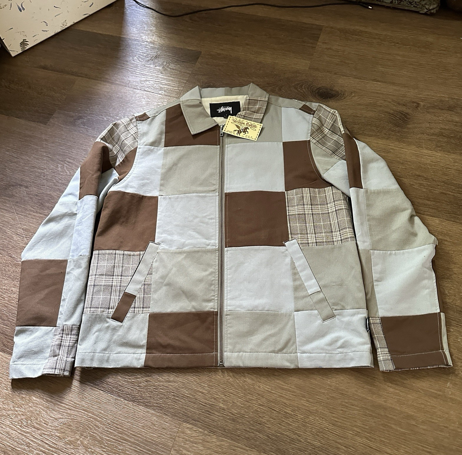 Stussy Men’s Brown Beige Plaid Jacket L Full Zip Lined Pockets Point Collar