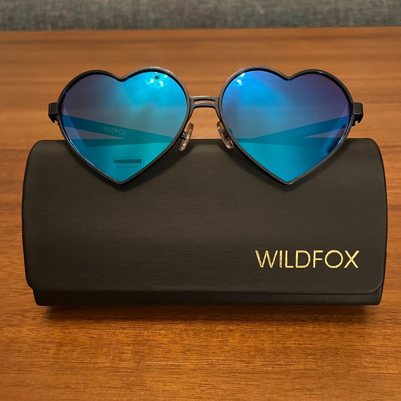 NEW Wildfox Lolita Heart Shaped Sunglasses Black Frames Blue Mirrored Lenses
