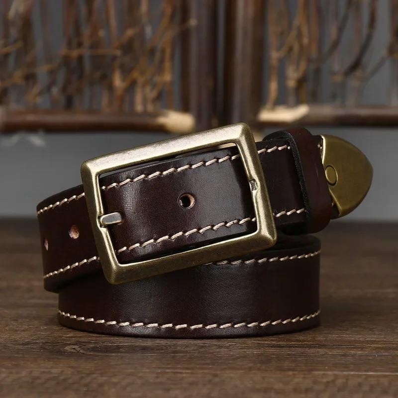 Italian Veg Tanned Cowhide Double Sided Belt Stitching Brass Buckle 3.3cm 3.8cm