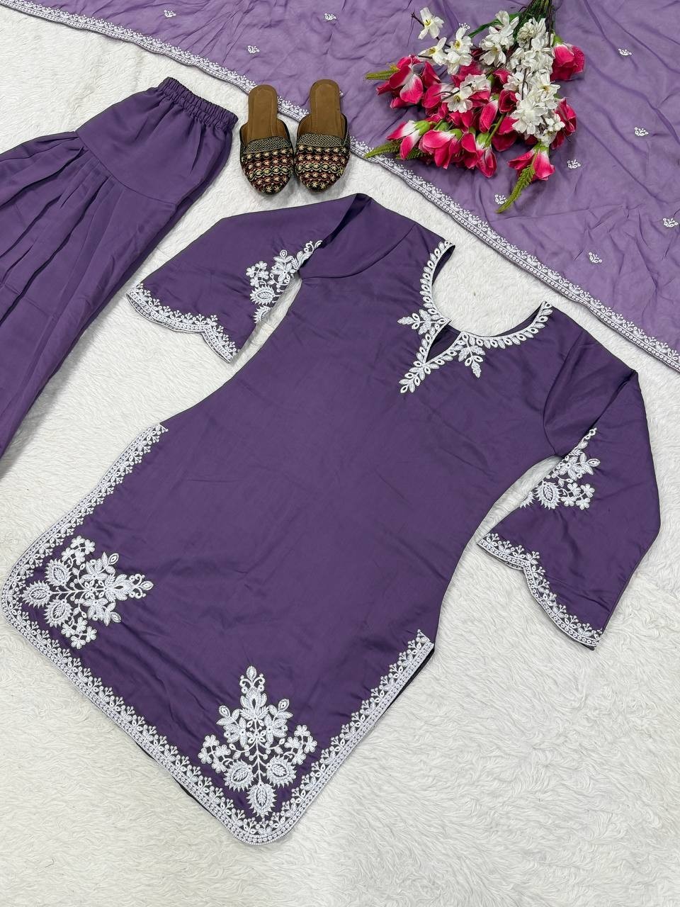 Latest Heavy Roman Cotton Purple Top Bottom With Dupatta For Function Wear