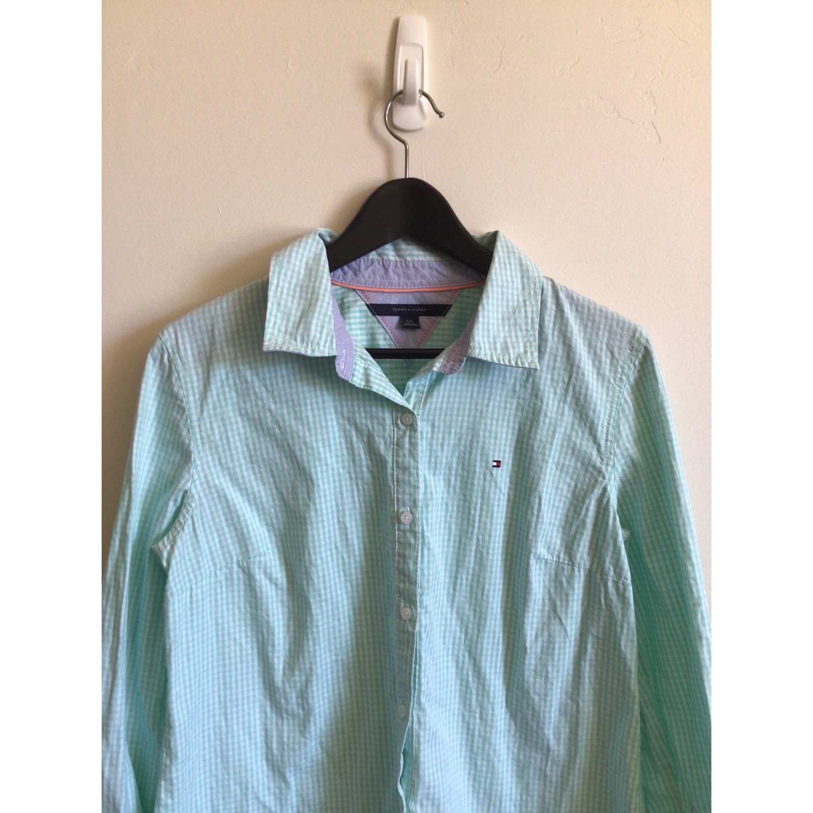 Tommy Hilfiger Women’s Large Mint Green Gingham Button Down Shirt 100% Cotton