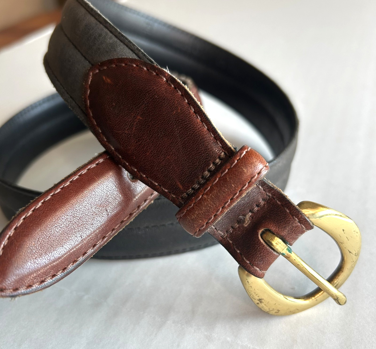 Oil Tanned Nu-Buck Belt Size 30 Unisex Solid Brass Hardware Two Toned Brown