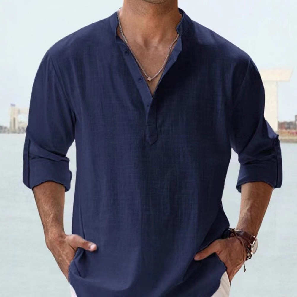 Long Sleeve Stand Collar Top for Men Cotton Linen Blend 80% Cotton 20% Spandex