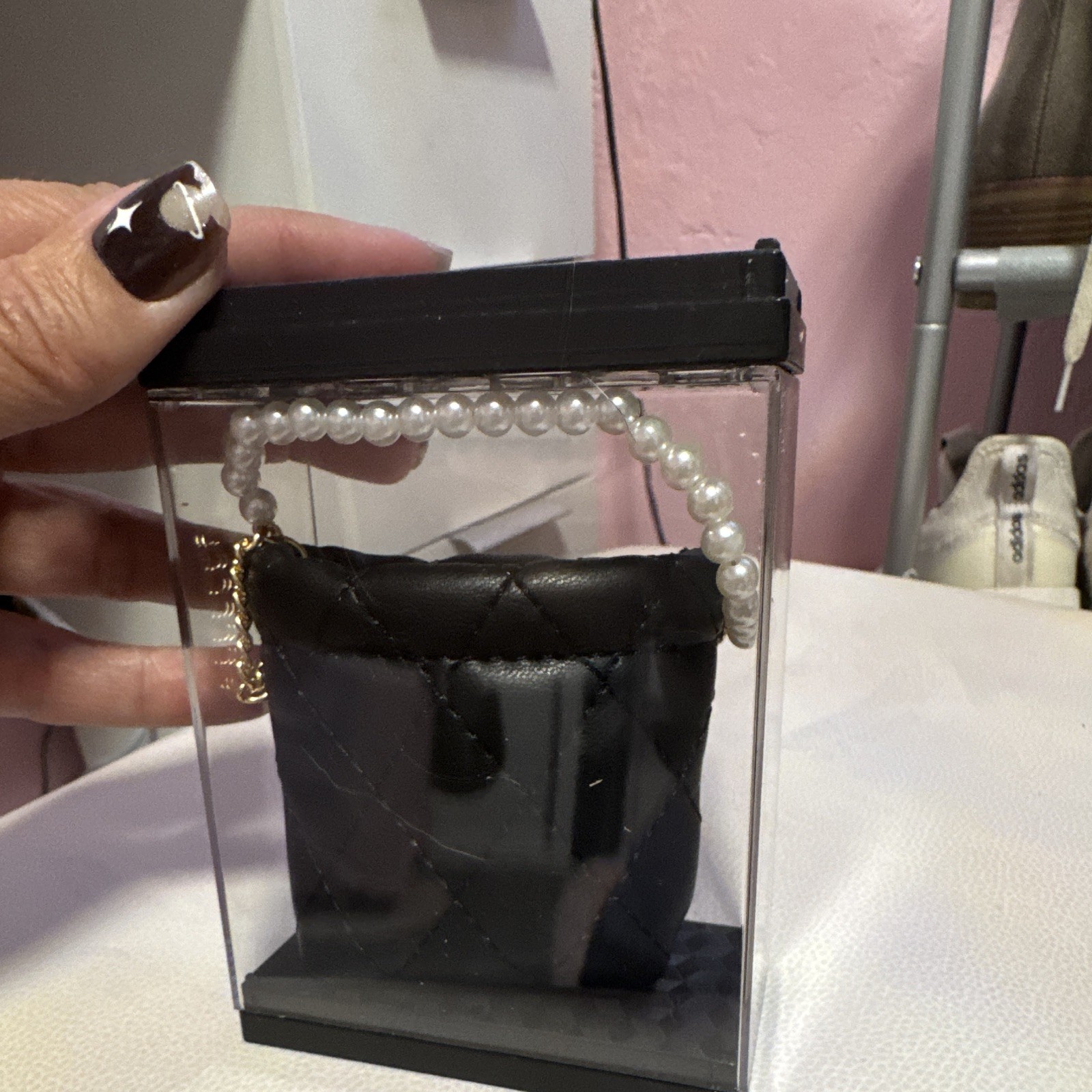 Mini Black Quilted Top Handle Bag Pearl Handle Gold Chain Strap Box