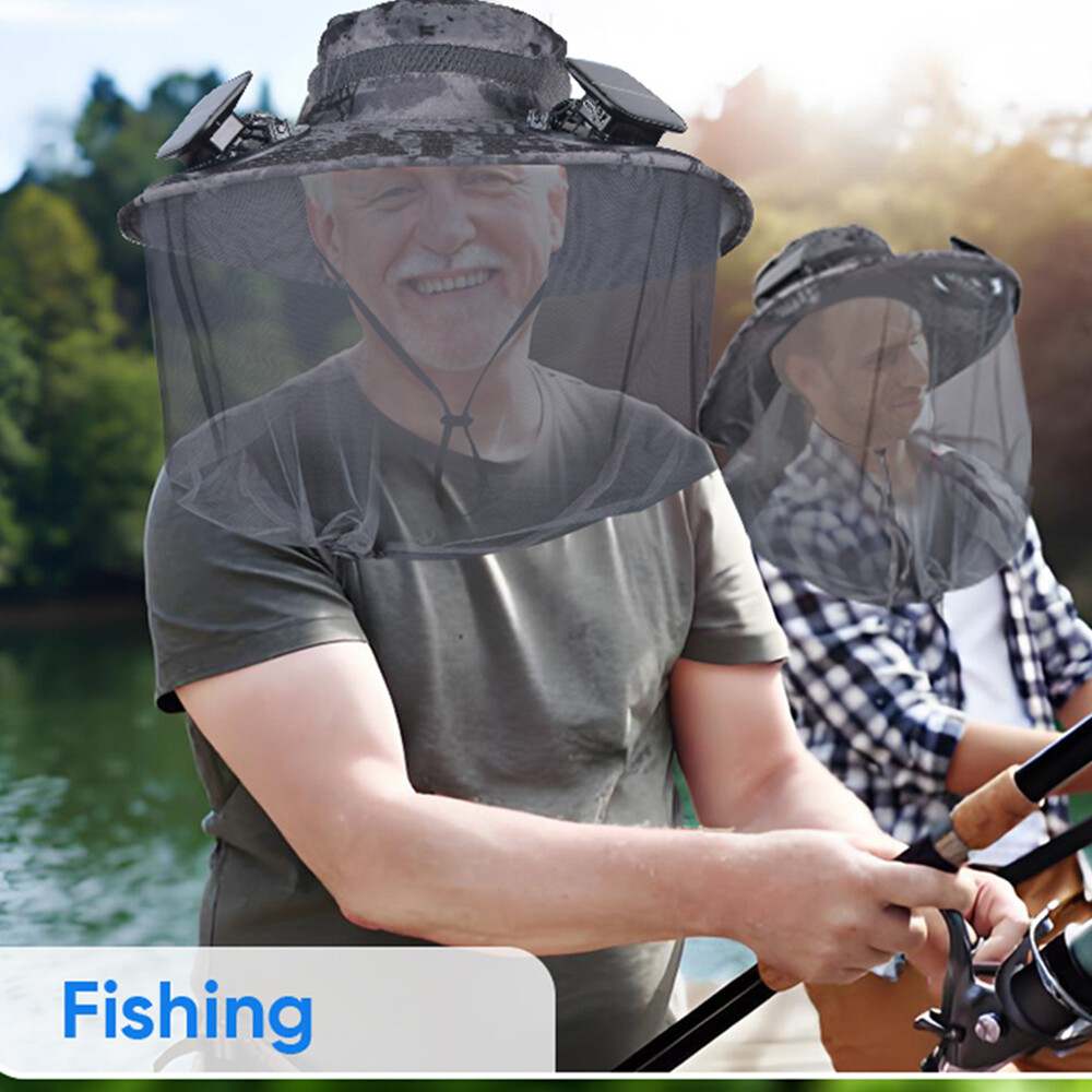 Solar Fan Hat With Mosquito Net Men Wide Brim Fishing Outdoor Bucket Sun Hat Cap
