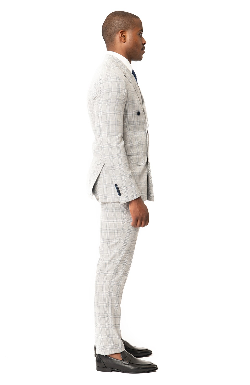 Slim Fit Double Breasted Plaid Chalk Grey 2 Button Peak Lapel Men Suit AZAR MAN