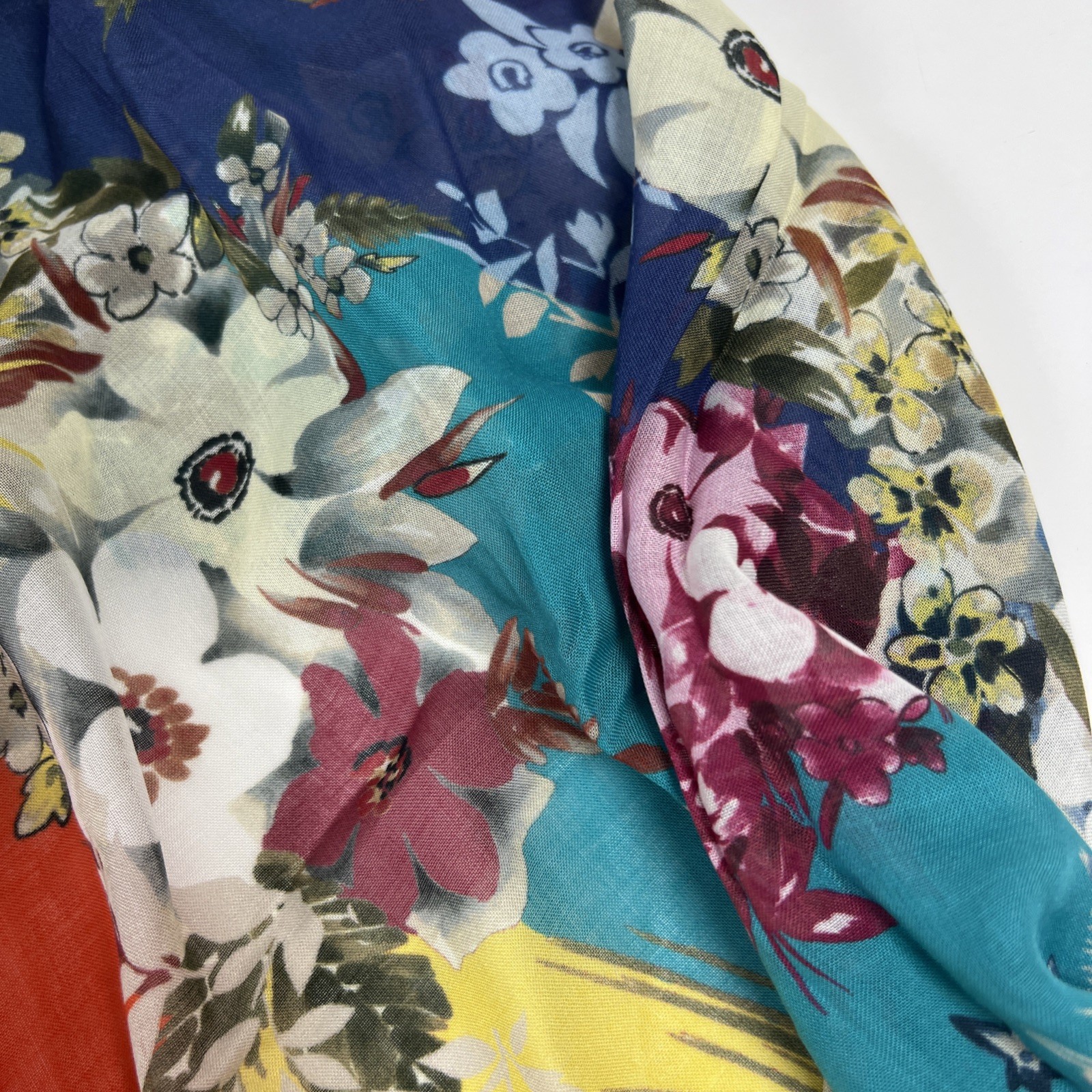 Talbots 100% Modal Scarf 75” X 27” White Teal Yellow and Orange Floral NWT