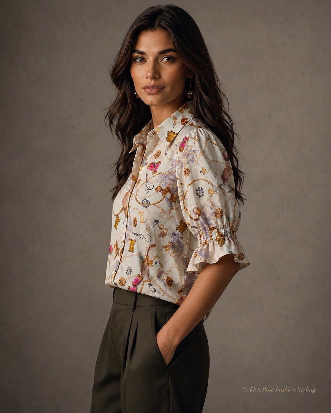 NWT Karl Lagerfeld Paris 100% Cotton Sewing Print Ruffle Sleeve Blouse Size M