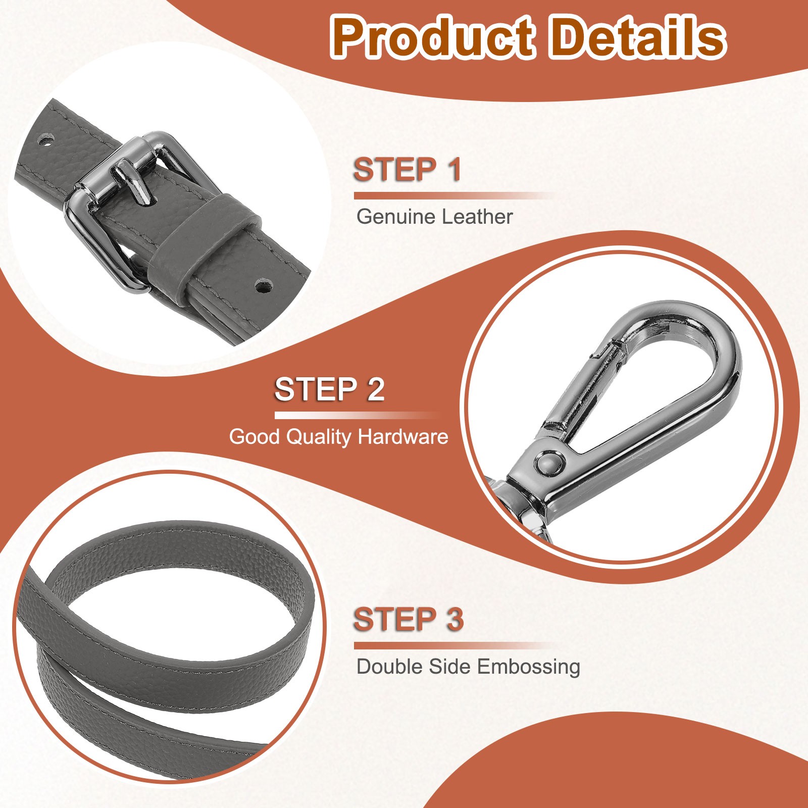 0.7″ Genuine Leather Purse Strap for Bag Dark Gray Black Buckle
