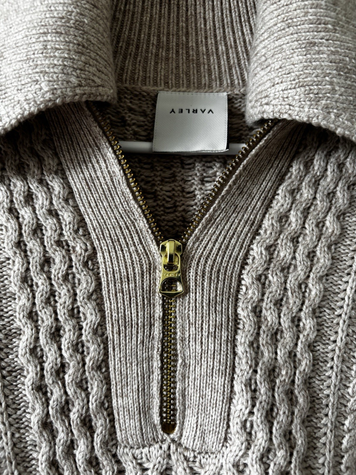 Varley Beige Cable Knit 1/2 Zip Collared Pullover Sweater Long Sleeve XS