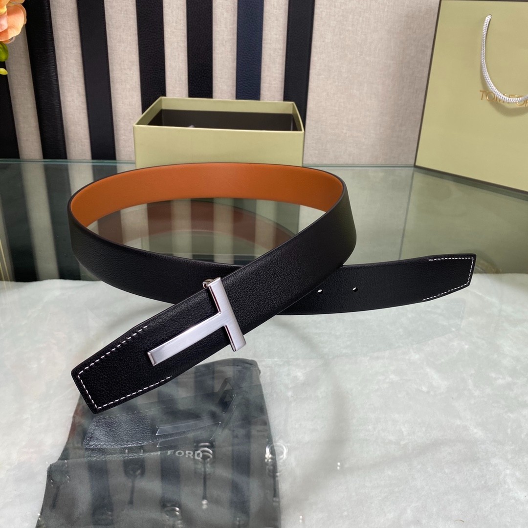 Tom Ford Mens Black/Brown Reversible Leather Belt Simple T Buckle