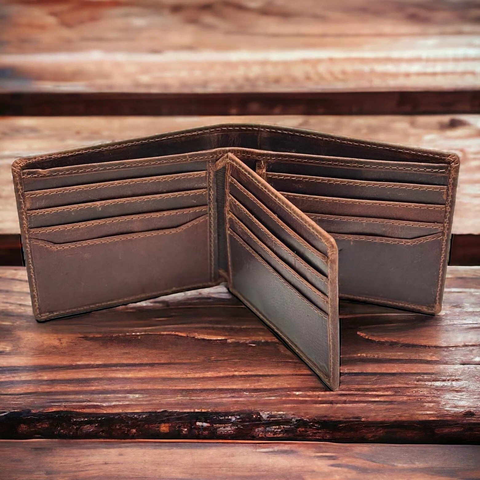 RFID Blocking Brown Vintage Leather Men’s Bifold Center Flap Wallet