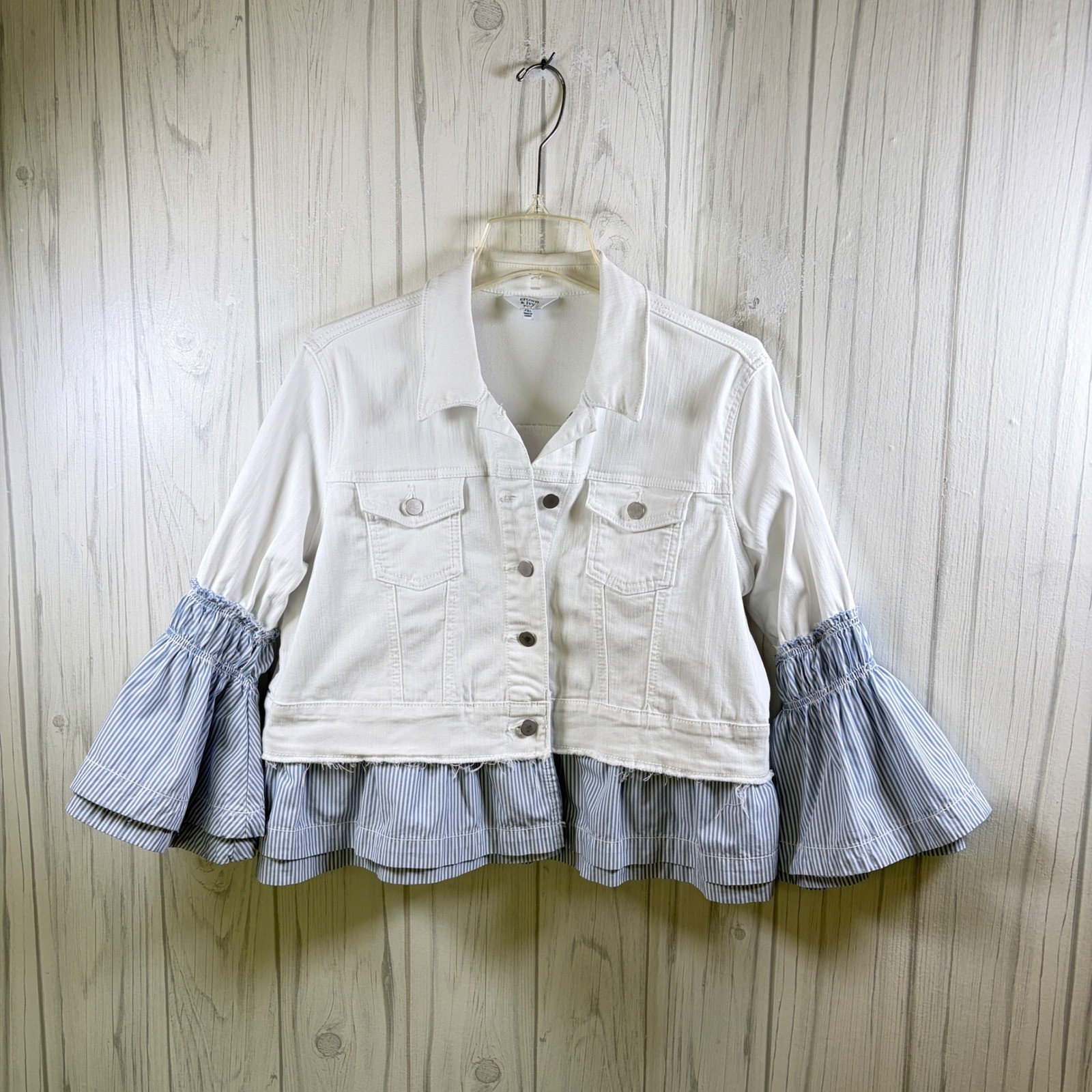 CROWN & IVY White Denim Jacket Blue Pinstripe Bell Sleeves and Hem, XLP