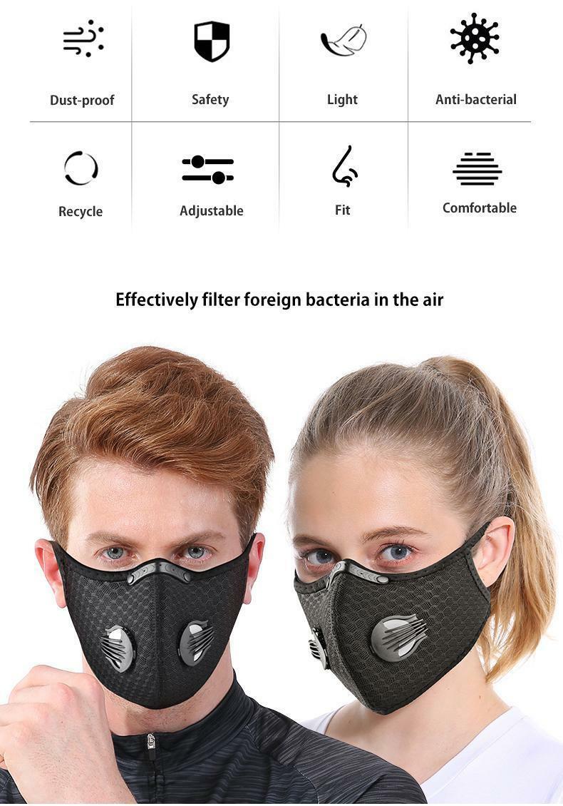 Reusable Face Mask Breathing Valves Sports Cycling Outdoor Active Carbon Filter