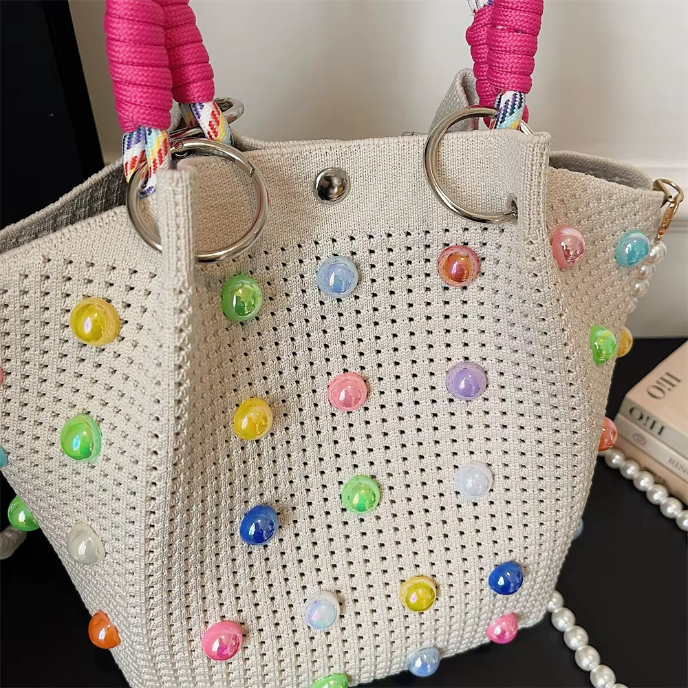 2026 Women Mini Woven Bucket Bag Candy Bead Top Handle Crossbody Handbag