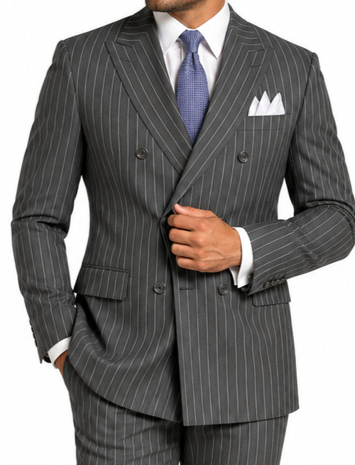 Charcoal Vinci Men’s Wool Feel 6 Button Striped Double Breasted Classic Fit Suit