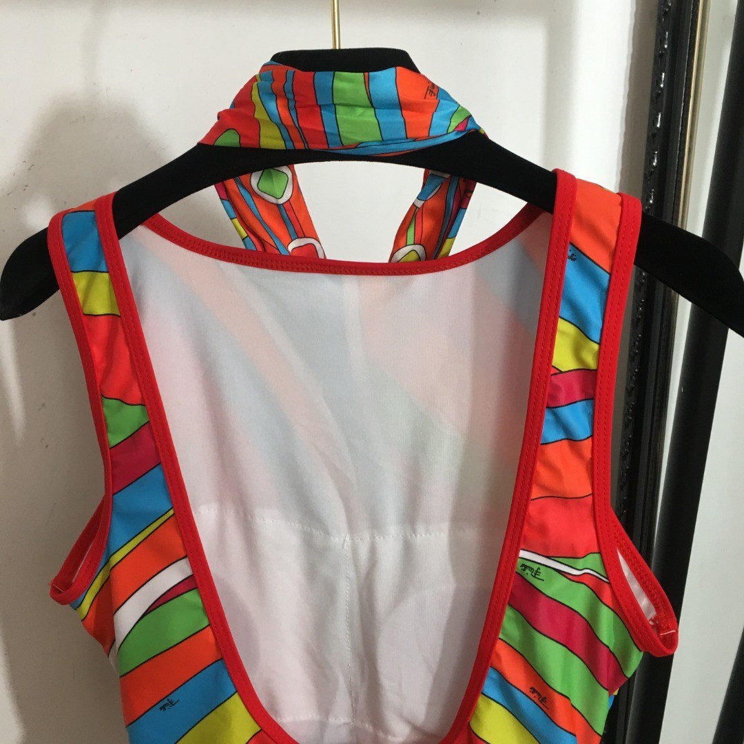 PuccI’s new color-blocked abstract print one-piece swimsuit with scarf, size M