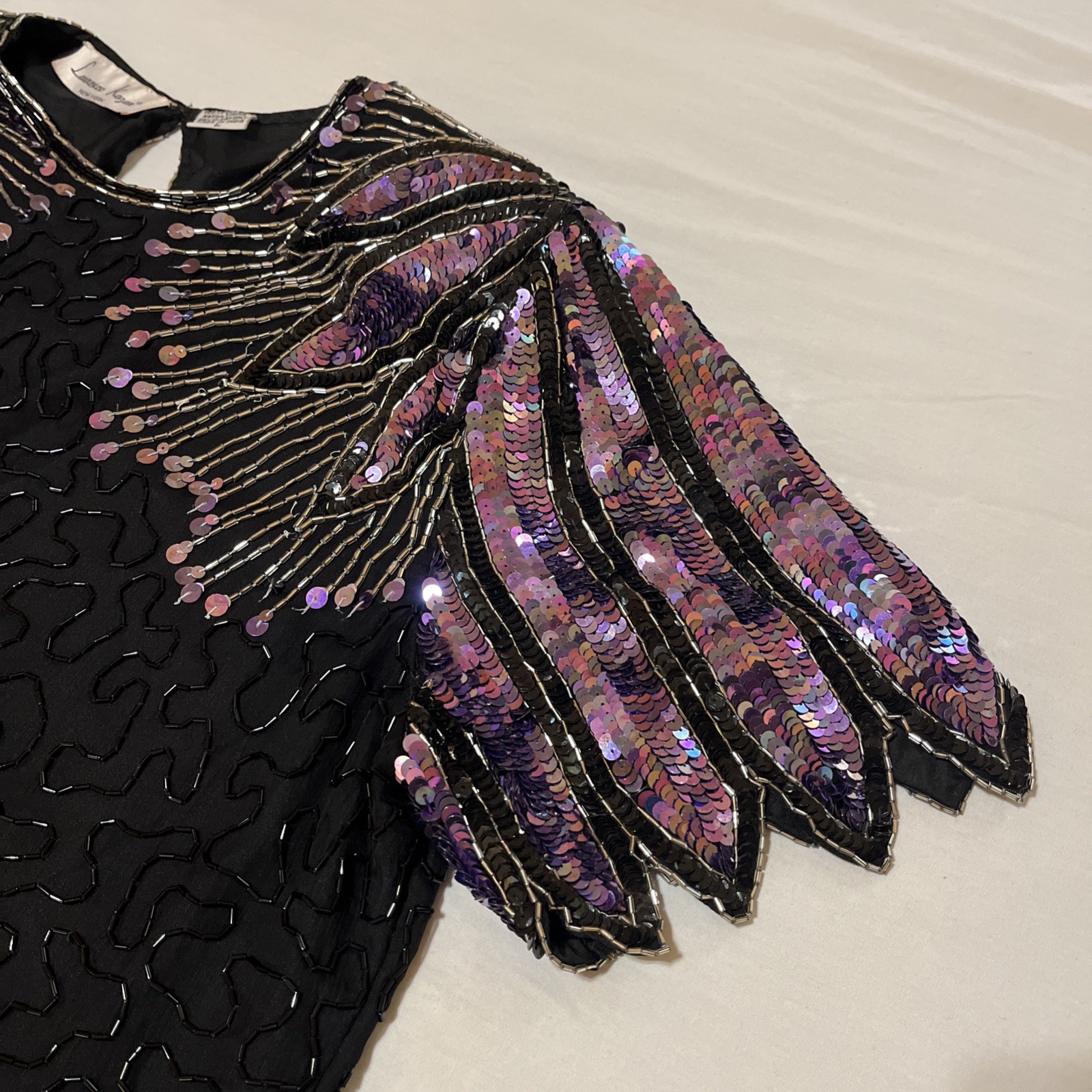 VINTAGE Laurence Kazar Women Blouse L Black Silk Beaded Sequin Wings 90s