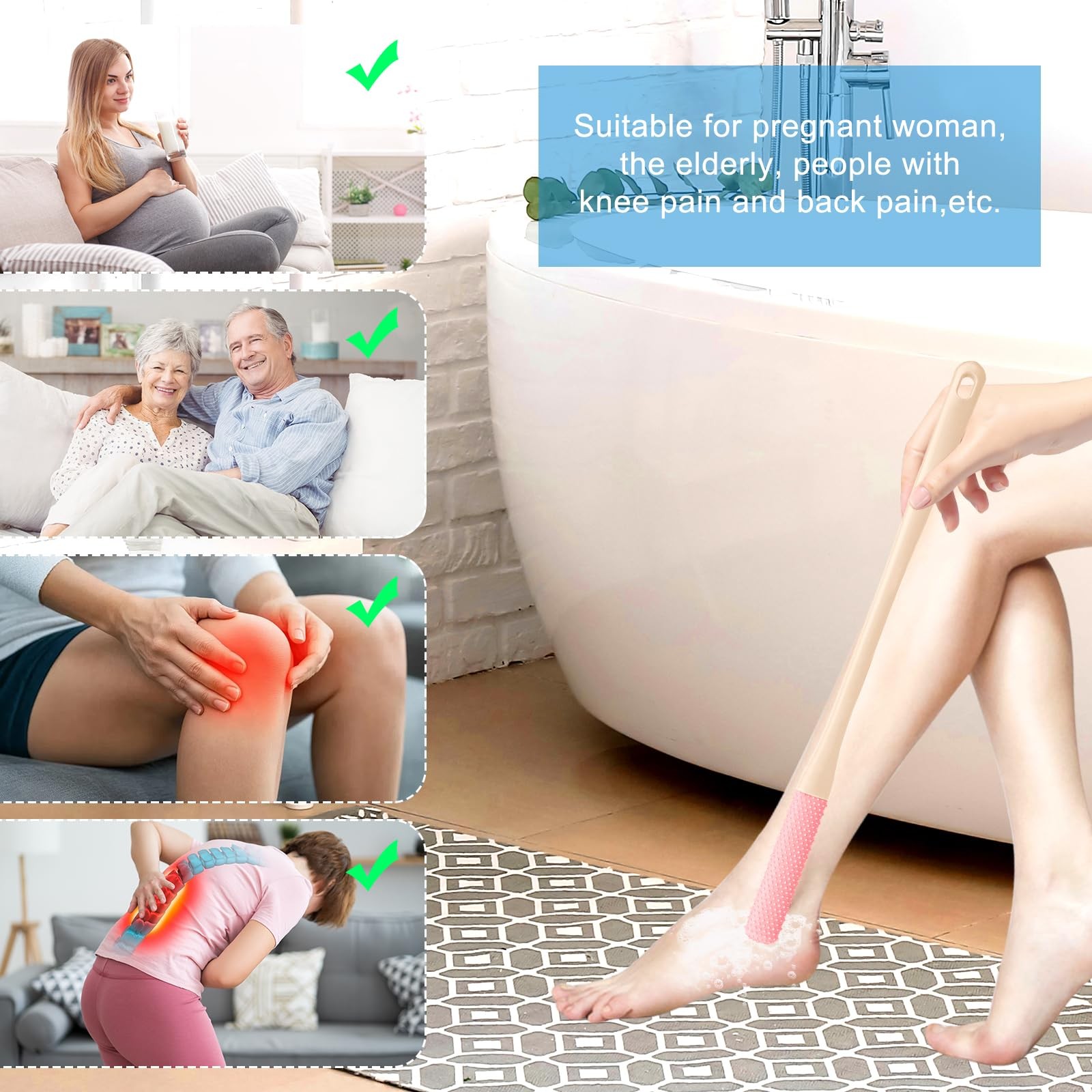 4 Pack Toe Cleaning Brush, 15.7” Long Handled Silicone Foot Grey+pink