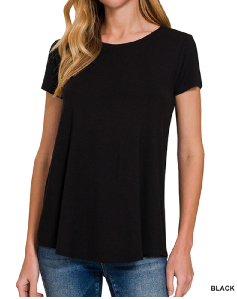 ZENANA 8521 Flowy Round Hem Rayon Short Cap Sleeve Knit Top Tee Essential Shirt