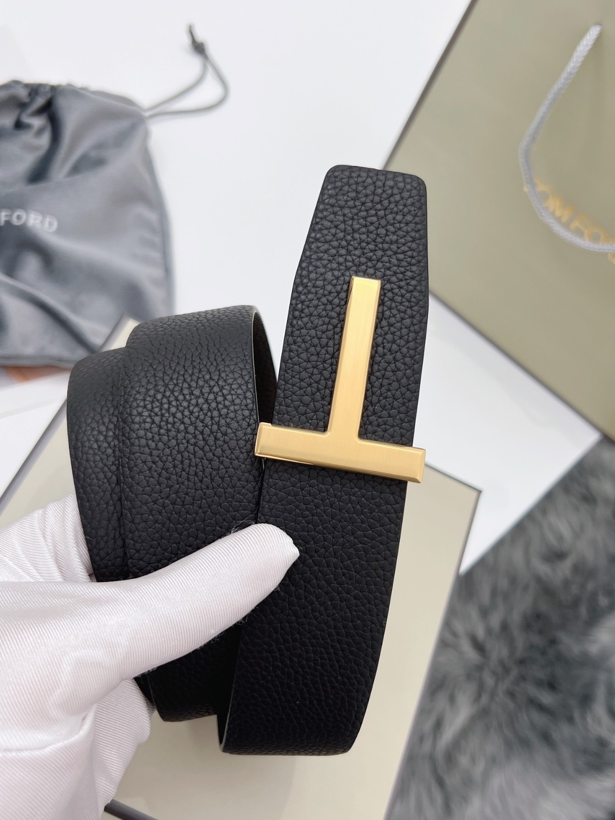 Tom Ford Belt Reversible Gold T-Buckle, Black /Brown Calfskin Leather