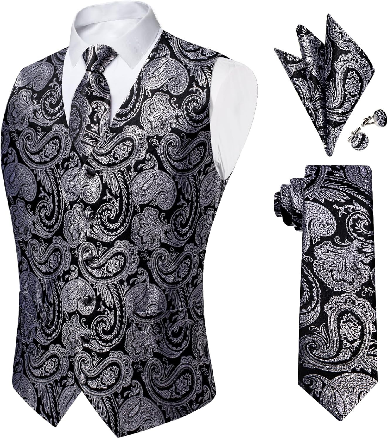 Mens Paisley Silk Vest Tie Pocket Square Cufflinks Set for Wedding Party Formal