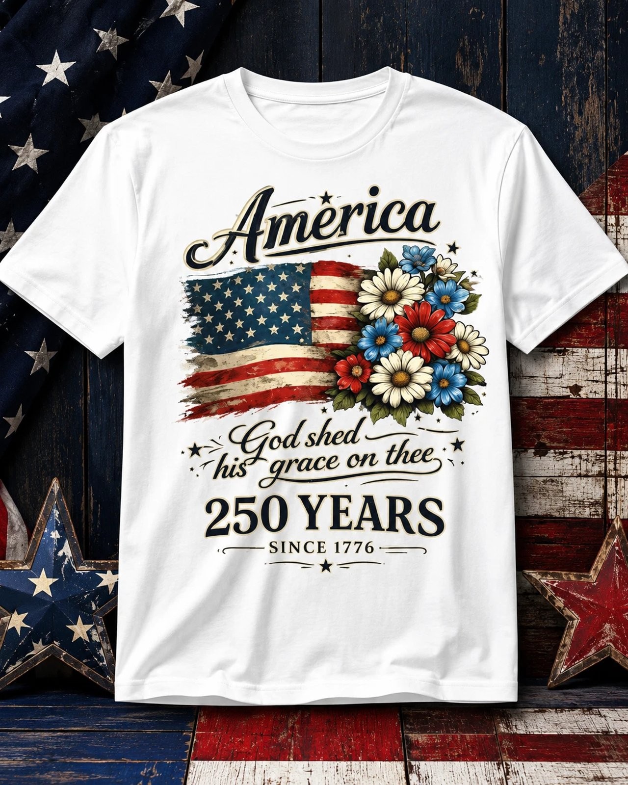 250th Anniversary Floral USA Flag Patriotic 4th Of July Graphic Tee Mens