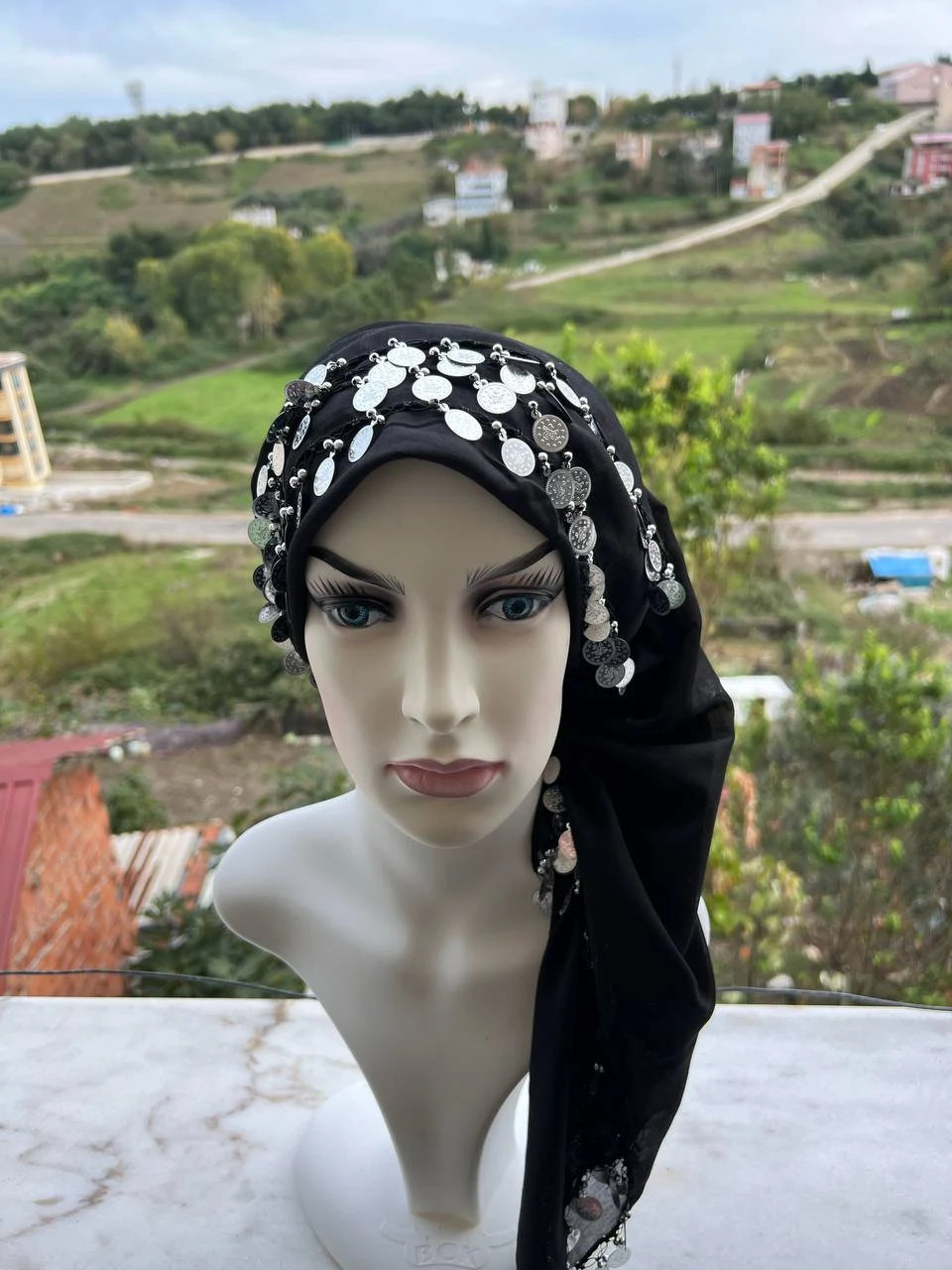 Hand Knitted Black Scarf Crochet Shawl with Silver Charms Handmade Unique