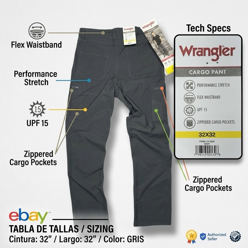 Wrangler Cargo Pants 32×32 Gray Performance Stretch UPF15 Flex Waistband