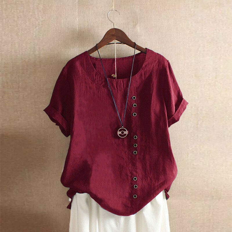 Summer Womens Cotton Linen Tunic Blouse Tops Short Sleeve Shirt Casual