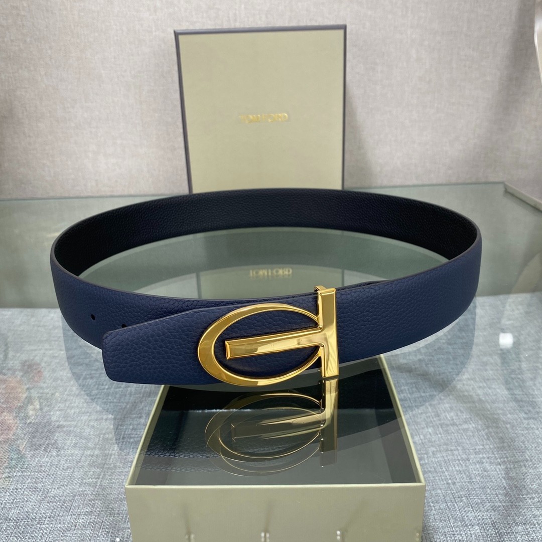 Tom Ford Men’s Reversible Leather Oval-T-Buckle Belt Blue/Black