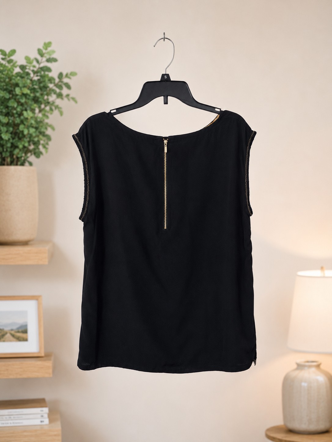 Paper Tee Women’s XL Black Leopard Print Sleeveless Blouse Gold Chain Trim Detai