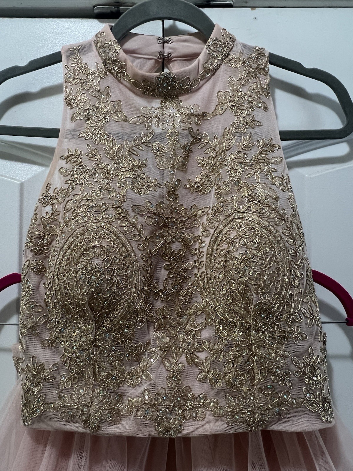 Gold Embroidered Sleeveless High Neck Top & Pink Layered Tulle Long Formal Dress