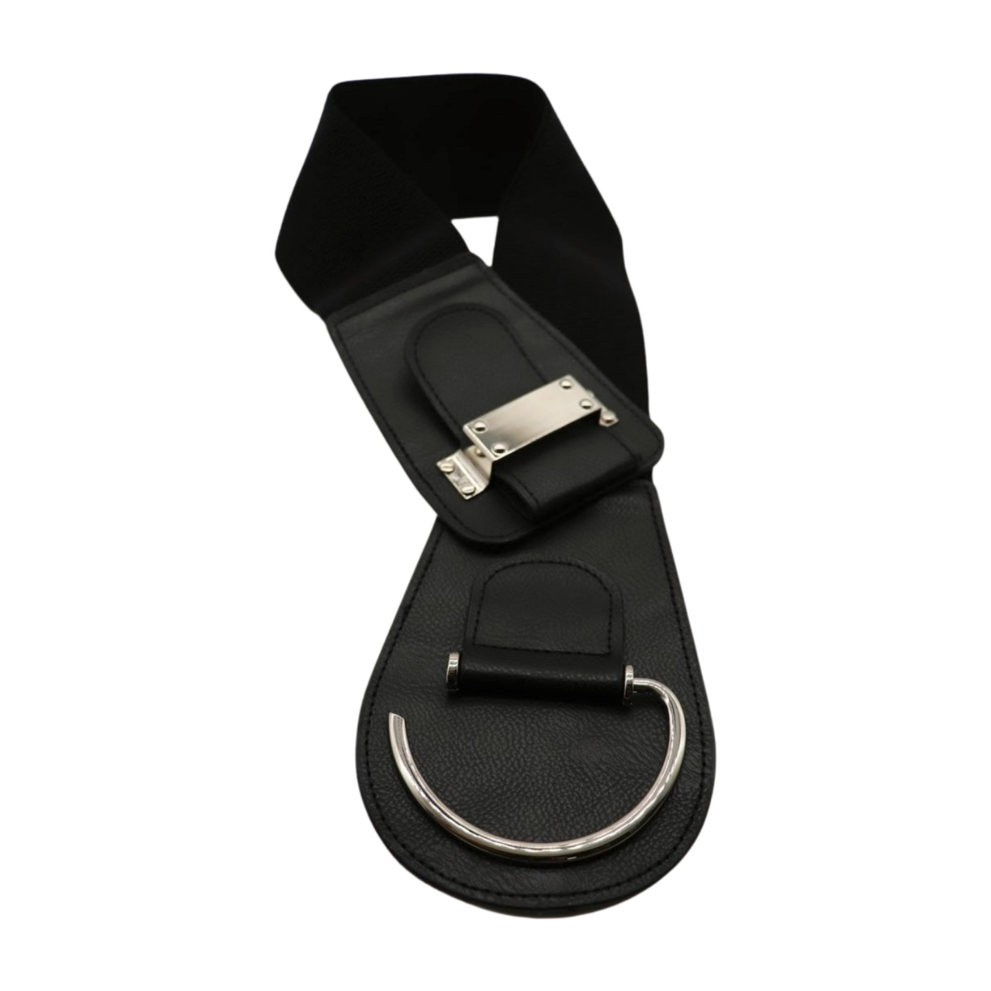 Women Black Wide Elastic Fashion Hip Waist Belt SILVER Metal Hook Buckle Fit S M