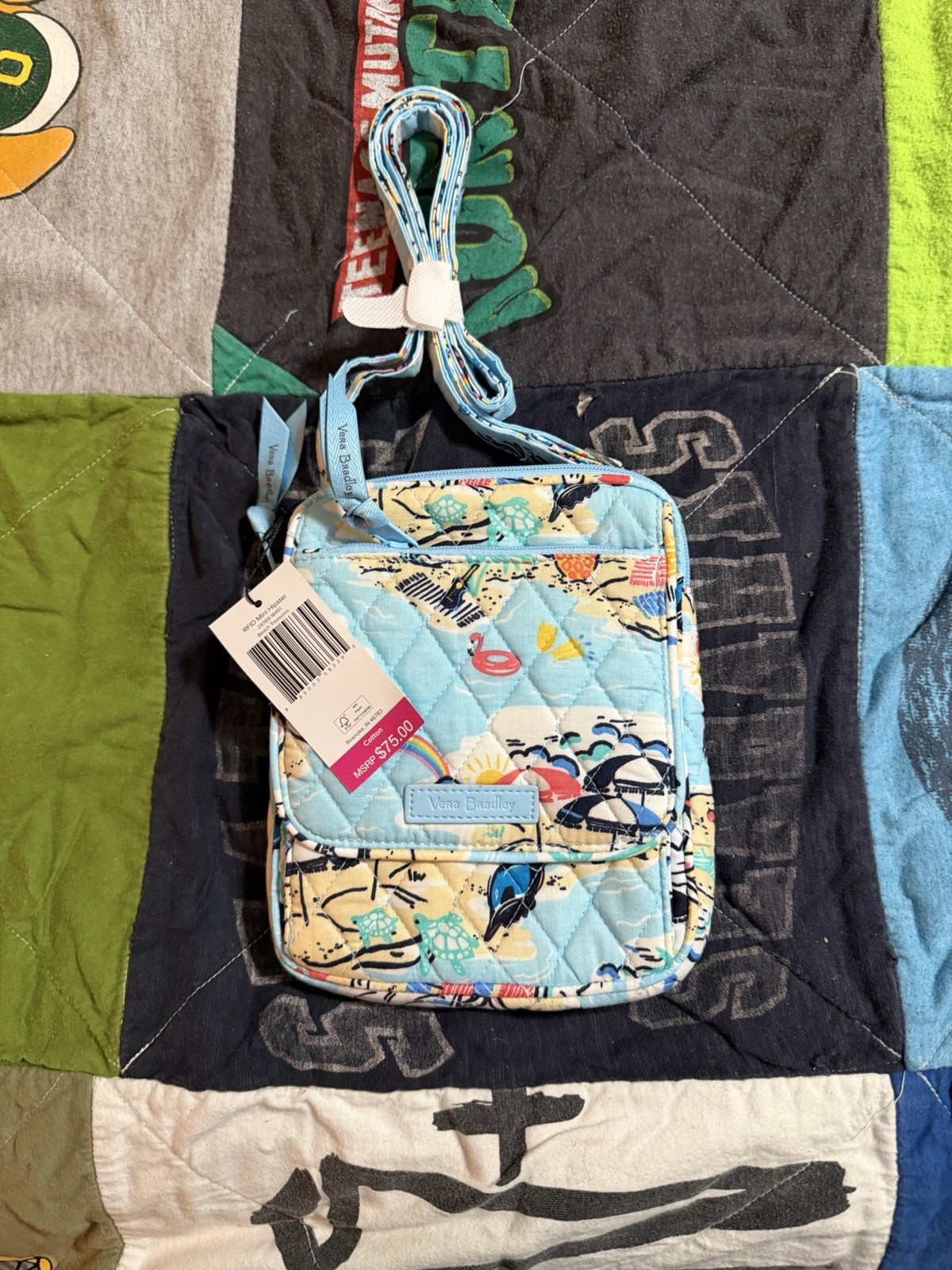 Vera Bradley Light Blue Tropical Beach Print Crossbody Bag Zip Silver Hardware