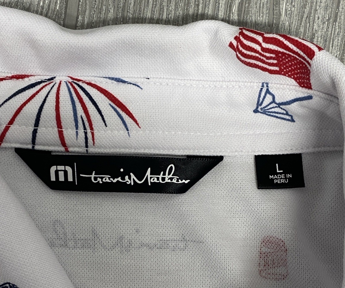 Travis Mathew Patriotic Golf Polo Shirt White Fireworks Flag Print Beer Size L