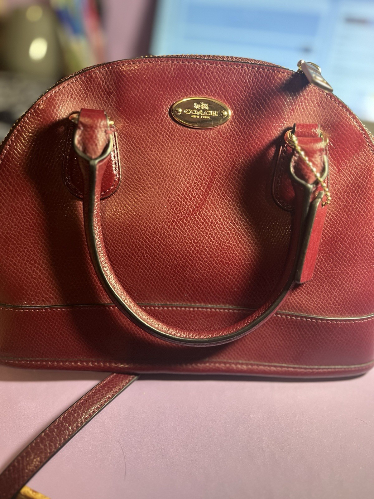 Coach Mini Dome Satchel Burgundy Pebbled Zip Detachable Strap Gold Hardware