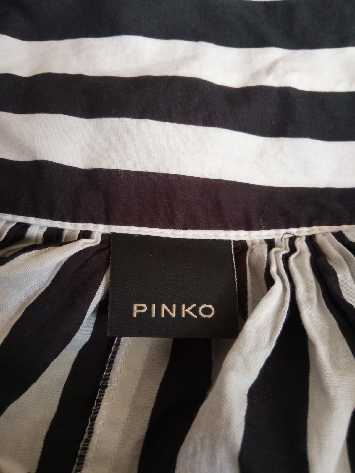 PINKO Black & White Striped Cotton Blouse Ruffle Collar Long Sleeve Top