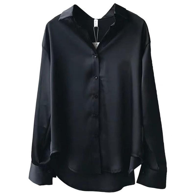 Silk Korean Office Ladies Elegant Shirt Blouse Button Up Satin Long Sleeve Shirt