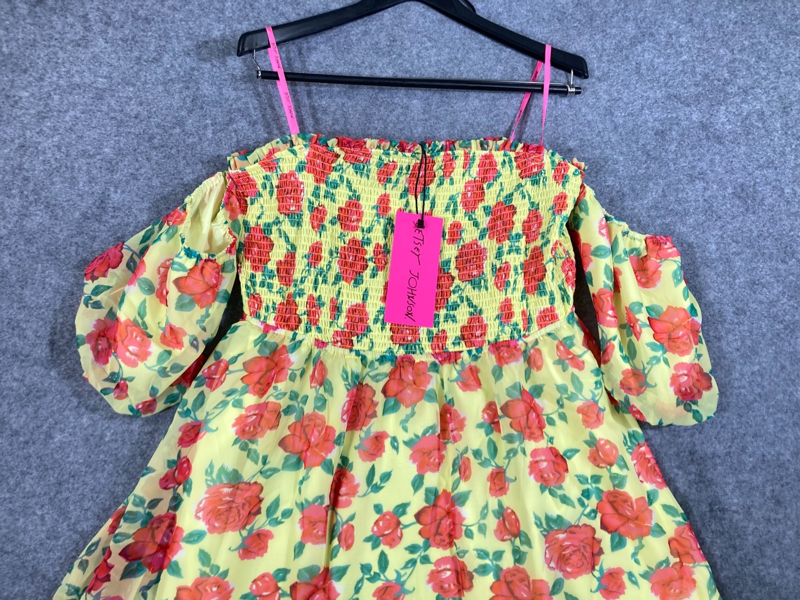Betsey Johnson Baby Doll Dress Womens XL Yellow Floral Smocked Puff Sleeve NWT