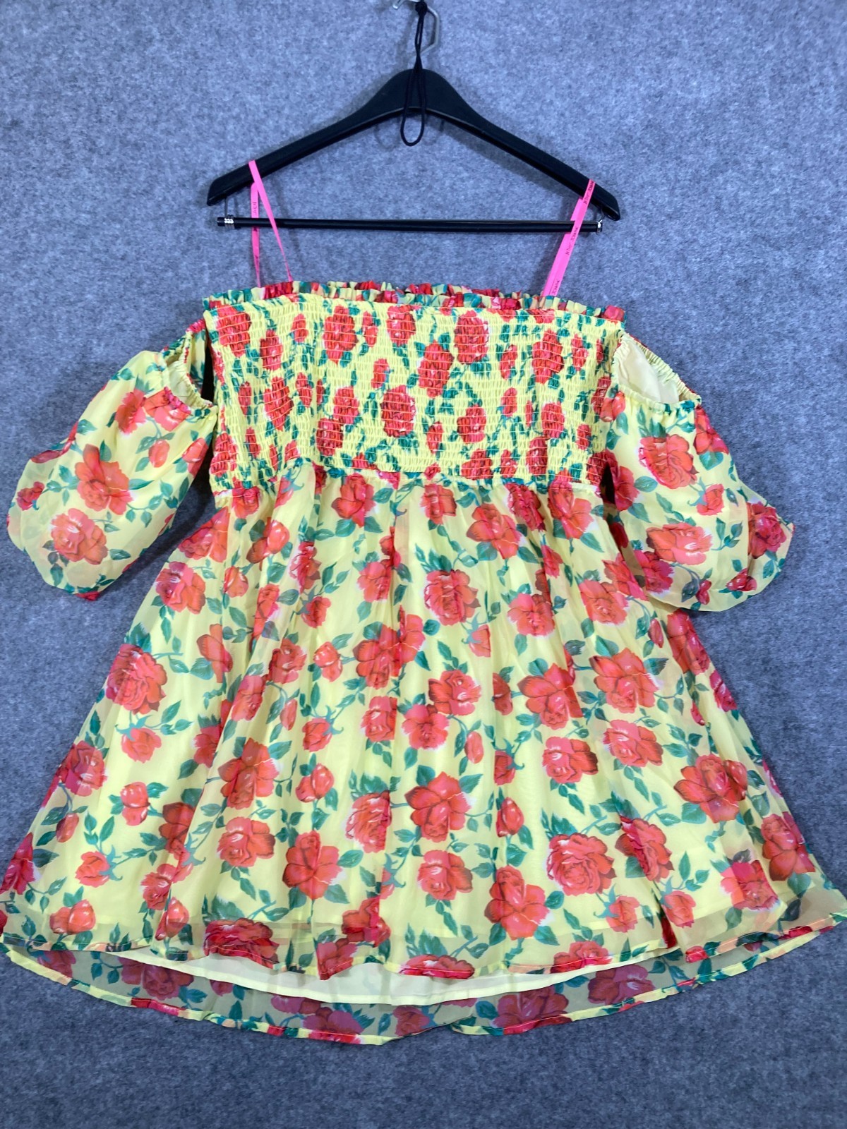 Betsey Johnson Baby Doll Dress Womens XL Yellow Floral Smocked Puff Sleeve NWT