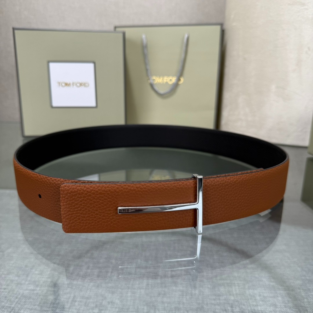 Tom Ford Belt T-Buckle Reversible Brown/Black Calfskin Leather Belt