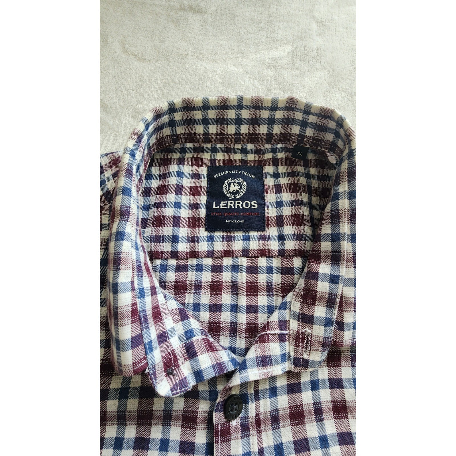 Lerros Mens Short Sleeve Plaid Button Down Shirt Burgundy Navy 100% Cotton XL
