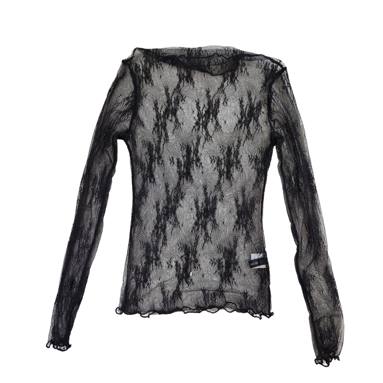 MEROKEETY Sheer Lace Mesh Top W’s Small Black Excellent Mock Neck Long Sleeve