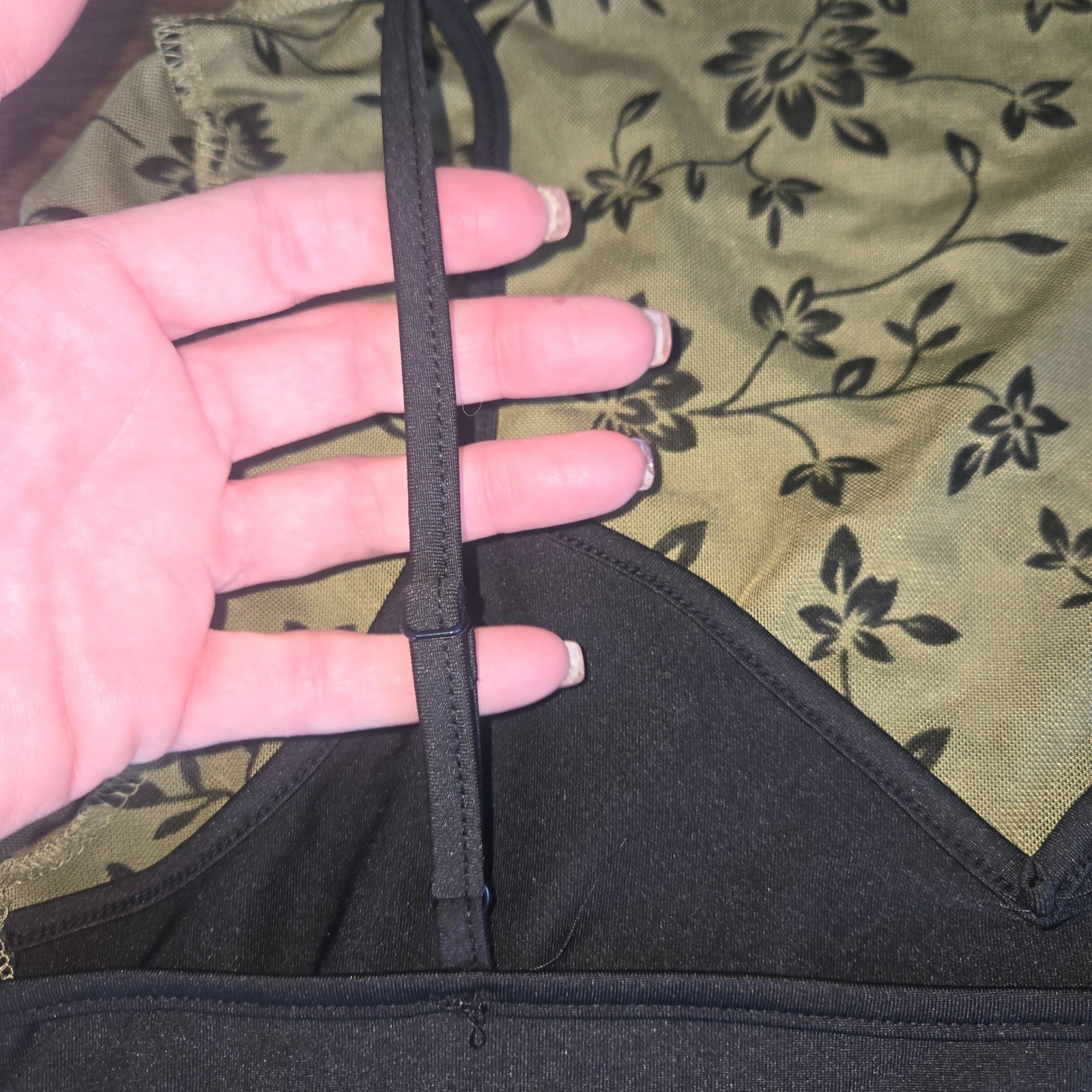 Olive Green Floral Mesh Mock Neck Top with Black Camisole Y2K Fairycore Grunge