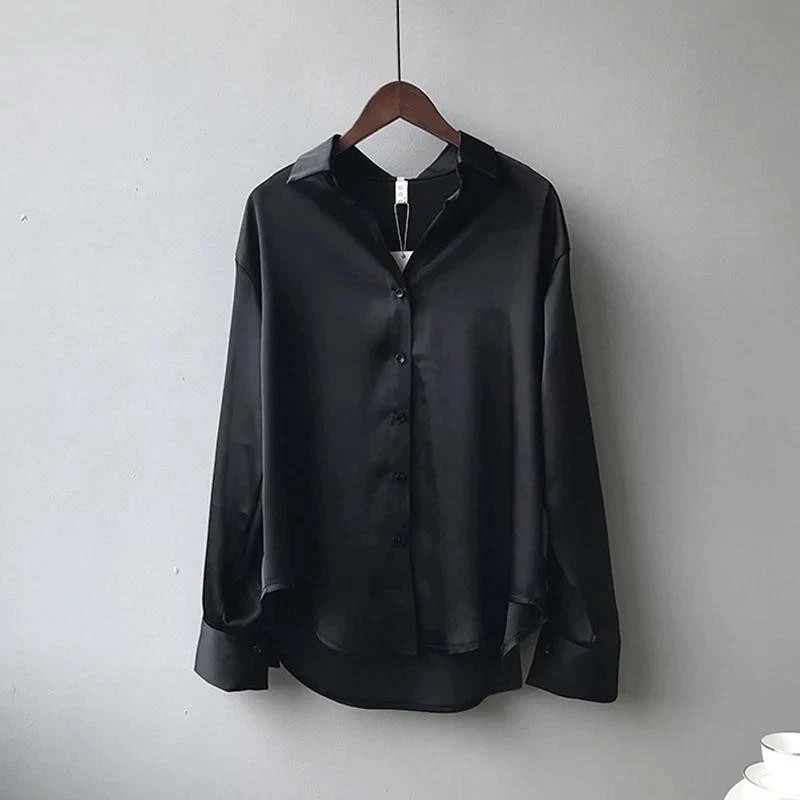 Silk Korean Office Ladies Elegant Shirt Blouse Button Up Satin Long Sleeve Shirt