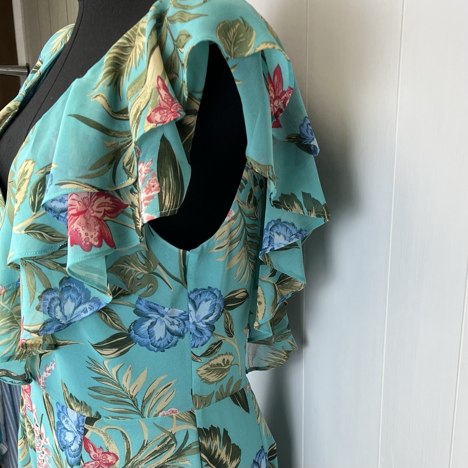 WAYF Chelsea Ruffle High/low Dress Teal Sz M Garden Fairycore Feminine Tropical